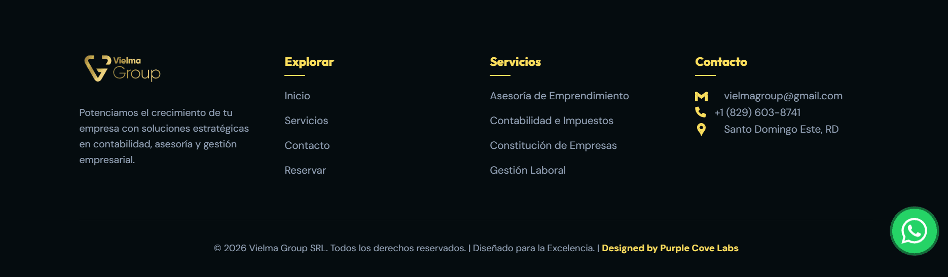 Footer del sitio web de Vielma Group